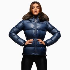 Jack1T Women's Prime Slick Down Hooded Puffer Jacket - Color: Navy - Tops and Bottoms USA - Cotton Lycra Fabric, Ski Outfit, Blue Puffer, Hooded Puffer Jacket, Down Puffer Jacket, Moncler Jacket, Skiing Outfit, Canvas Messenger Bag, Hooded Parka