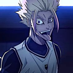 an anime character with white hair and blue eyes, wearing a basketball uniform in front of a dark background