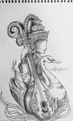 a pencil drawing of a woman with a bird on her shoulder and headdress