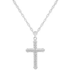 "Display your faith in distinctive style when you wear this textured sterling silver cross pendant. Display your faith in distinctive style when you wear this textured sterling silver cross pendant. Pendant size: 1 5/8""L x 7/8""W Chain length: 18 in. Chain type: rope Clasp: spring-ring Metal: sterling silver Finish: polished Packaging: boxed Please note, due to the high value of this item, a signature may be required upon delivery. Size: 18"". Gender: female. Age Group: adult." Sterling Silver Diamond Cut Cross Necklace, Sterling Silver Diamond Cut Pendant Cross Necklace, Sterling Silver Diamond Cut Cross Pendant Necklace, Silver Sterling Silver Cross Necklace With Diamond Cut, Sterling Silver Diamond Cut Silver Cross Necklace, Sterling Silver Cross Necklace With Diamond Cut, Pendant Display, Sterling Silver Cross Pendant, Silver Cross Pendant