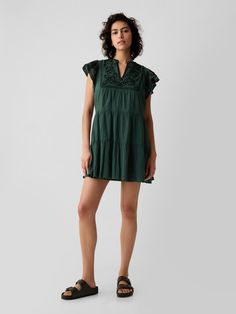 Soft crinkle gauze cotton mini dress.  V-neck.  Short flutter sleeves.  Tiered skirt.  Embroidery at top.  *Fit: Slim.  An A-line silhouette that sits close to the body with a flared opening.  Hits above the knee.  Model is approx.  5’10” wearing Toddler Christmas, Men Boys, Tier Skirt, Above The Knee, Flutter Sleeve, V Neck, Mini Dress, Dresses, How To Wear