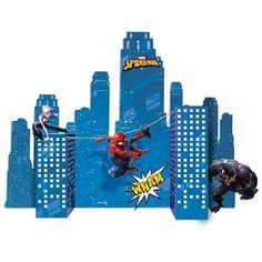 spider - man and black cat in front of a cityscape with skyscrapers