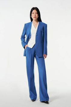 Blue Straight Hem Pants For Office, Straight Leg Pantsuit With Pockets, Pantsuit With Pockets And Straight Pants, Modern Blue Pants With Straight Hem, Classic Solid Color Pantsuit With Pockets, Classic Solid Pantsuit With Pockets, Classic Pantsuit With Pockets, Modern Blue Tapered Leg Pants, Classic Pantsuit With Straight Pants And Pockets