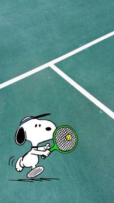 a cartoon dog holding a tennis racket on a tennis court with the words, snoopy