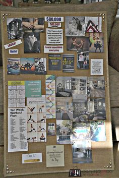 a bulletin board is covered with pictures and papers on the back of a chair in a living room