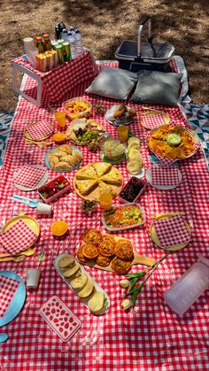 a picnic table with food and drinks on it in the shade under a tree,