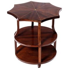 a wooden table with two tiered shelves on each side and an umbrella shaped top