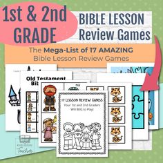 the first and 2nd grade bible lesson is shown with pictures of children playing games on it