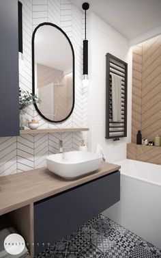 a bathroom with a sink, mirror and bathtub in the middle of the room