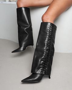 The new season is all about editorial style looks and our Axis fold over boots are giving just that. Designed with a pointed toe, laced detailing and a classic folded-over knee fit, we love styling these with an oversized coat and mini skirt for a silhouette that can't be beat. - Heel measures approximately 3.5 inches/ 9cm - Faux leather upper - Model wears UK 6 / EU 39 / US 8 - Fits true to size Fold Over Boots, Laced Boots, Oversized Coat, Dress Shoes Womens, Lace Boots, Fold Over, Womens Heels, Stiletto Heel, Winter Women