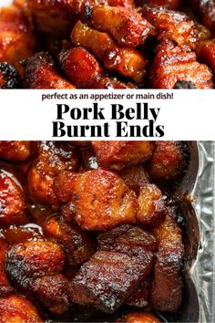 pork belly burnt ends on a plate with the words perfect as an appetizer or main dish