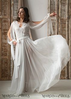 Luxury Floor-length Gown For Wedding Night, Luxury White Dresses With Kimono Sleeves, Luxury Long Kimono For Wedding Night, Luxury White Dress With Kimono Sleeves, Luxury Long Wedding Robe, Wedding Robe Sewing Pattern, Luxury Floor-length Wedding Kimono, Luxury Wedding Night Gown With Sheer Sleeves, Long Bridal Robe Nordstrom