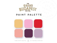 the grand budapest hotel's paint palette is shown in four different colors, including red, pink, yellow and purple