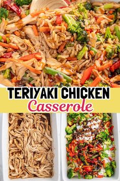 several different types of chicken casserole in white dishes with text overlay that reads teriyaki chicken casserole