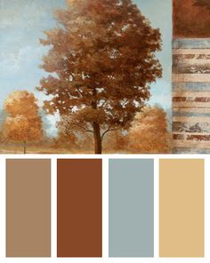 the color scheme for this painting is brown, blue, and white with an orange tree