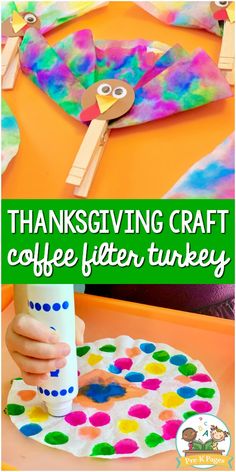 a paper plate with a turkey on it and the words, thanksgiving craft coffee filter turkey