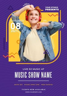 a flyer for a music show with a woman wearing headphones and holding her hands up