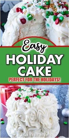 an easy holiday cake is shown with the title overlaying it's image