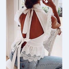 Material: Polyester  Gender: Women  Item Type:Tops  Color: White  Size: S,M,L,XL Backless Lace Top, Pattern Outfits, Outfit Ideas For Women, Backless Crop Top, Plain Blouse, Backless Top, Lace Neckline, Boho Tunics, Blouse Material