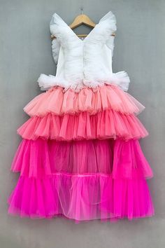 Pink shaded ruffled dress with net frills on the sleeves and neckline - Aza Fashions Dress Label, Girls Pink Dress, Kids Labels, Dresses Kids Girl, Kids Dress, Aza Fashion, Pink Dress, Girls Dresses, Shades