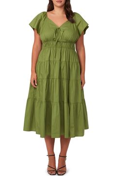 Estelle Ana Cotton Midi Dress | Nordstrom Cotton Midi Dress, Tier Skirt, Tiered Skirt, Womens Midi Dresses, Green Cotton, Nordstrom Dresses, Color Trends, Kiwi, Puff Sleeves