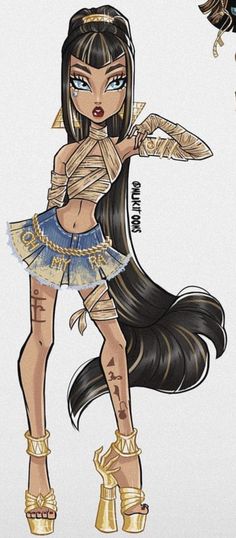 a drawing of a girl with long hair and tattoos on her body, standing in front of a white background