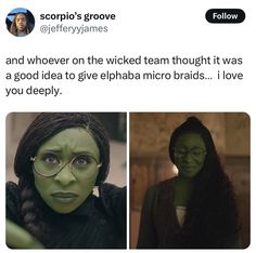 two photos of the same woman with green makeup and glasses, one is looking at the camera