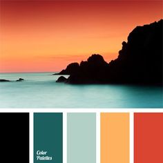 an ocean scene with orange, green and blue hues in the color palette is shown