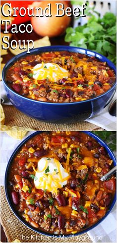 Bowl of Ground Beef Taco Soup topped with sour cream and shredded cheese Ground Beef Soups And Stews, Ground Beef Taco Soup, Soups With Ground Beef, Ground Beef Soup Recipes, Taco Soup With Ground Beef, Beef Taco Soup, Ww Soup, Farmhouse Recipes, Taco Soup Recipe Easy