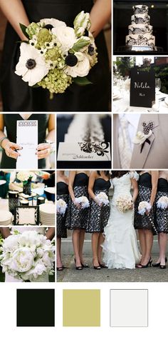 a collage of photos with different wedding colors and black, white, and green accents