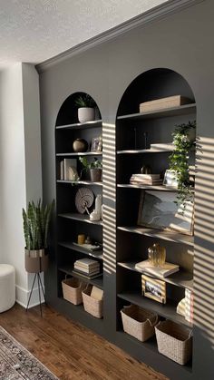 a living room filled with lots of bookshelves next to a wall mounted plant