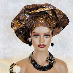 Get ready to make a statement with the African Traditional Hat Gele, a must-have accessory for any fashion-forward individual. Handmade with care, this pre-tied and ready-to-wear hat is available in multiple colors to match any outfit.  Whether you're attending a wedding, as the bride, bridesmaid, mother of the bride, or simply as a guest, this hat will add an extra touch of elegance and style to your look.  So why wait? Add some African flair to your wardrobe today with the African Traditional Hat Gele! Trendy Adjustable Bonnet, Adjustable Trendy Bonnet One Size, Adjustable One Size Bonnet For Summer, Adjustable Summer Bonnet, Brown One-size Bonnet, Elegant Adjustable Beanie Turban, Elegant Beach Headwrap, Chic Adjustable Brown Cloche Hat, Adjustable Brown Turban Headband