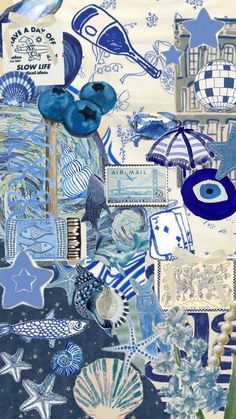 a collage of blue and white items on a wall with words written in it