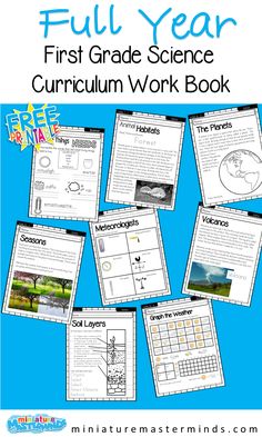 the first grade science work book with pictures and text that reads full year, in front of