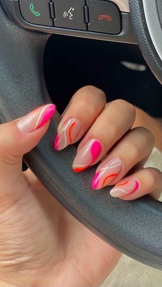 Hot Pink And Orange Almond Nails, Bright Nails Almond Shape, Dominican Republic Nails, Summer Nails Pink And Orange, Unghie Sfumate, Kutek Disney, Simple Acrylic Nails, Casual Nails