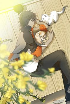 an anime character holding a cat in his arms with yellow flowers around him and a wooden wall behind them