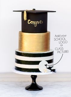 a three tiered cake with black and white stripes, gold accents and a graduation cap on top