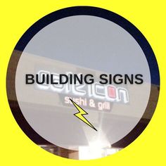 a sign that says building signs with a lightning bolt in the center and below it