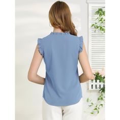 This vintage blouse is designed with a ruffled v-neck and solid color, especially for a professional look at work. The ruffle trim and sleeveless design would show demure, feminine grace and lend shape and texture. Perfectly match skinny pants or pair this blouse with high heels to make an elegant look. It is a nice choice to pair with jeans and skirts. Sleeveless Solid Color Blouse For Work, Solid Ruffle Sleeve Tops For Work, Solid Color Ruffled Collar Top For Work, Casual Ruffled Tops For Office, Solid Ruffled Collar Blouse For Work, Blue Ruffled Tops For Office, Casual Ruffle Blouse For Office Wear, Casual Ruffled Tops For Office Wear, Casual Office Wear Blouse With Ruffles