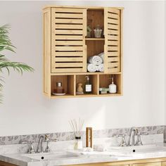 a bathroom with two sinks and wooden cabinet above the sink is a potted plant