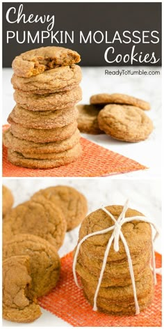 chewy pumpkin molasses cookies stacked on top of each other