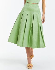 Midi length green jacquard A-line daytime skirt with box pleats. Little White Dresses, Box Pleats, Green Skirt, Jacquard Fabric, A Line Skirt, A Line Skirts, Midi Length, All Fashion, Dream Closet