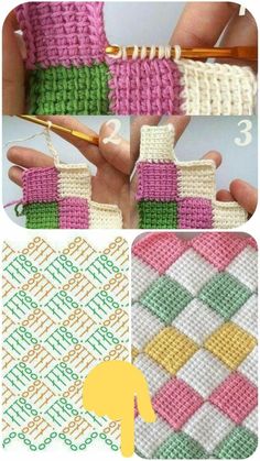 the steps to crochet are shown in three different pictures