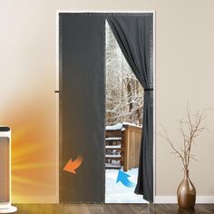 an open door to a snowy yard with a blue arrow pointing towards the snow covered ground