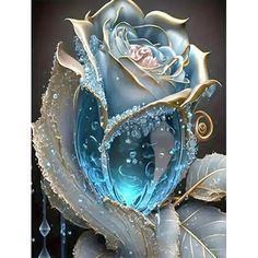 a painting of a blue rose with water droplets on it's petals and leaves