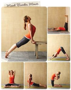 a woman doing yoga poses on a bench