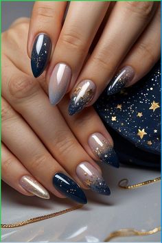 Elevate your holiday glam with trending Christmas nails. Festive colors, glittering accents, and creative designs for the perfect seasonal manicure.2023's Hottest Christmas Acrylic Nail Designs for the Trendy You Image Credit :- basecoatstories Dark Blue Nails Ombre, Nail Art Designs Dark Colors, Holiday Nail Inspo 2024, Fall Blue Nail Designs, Sparkle Nails Design, Colored Ombre Nails, Nail Ombre Designs, Ombre Tip Nails, New Years Nails Blue