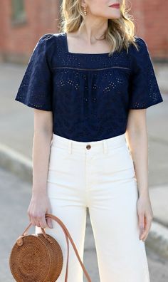 Eyelet Top Outfit, Navy Blue Shirt Outfit, Blue Tshirt Outfit, Blue Blouse Outfit, Blue Top Outfit, Blue And White Outfits, Blouse Outfit Casual, Penny Pincher Fashion