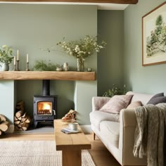 a living room filled with furniture and a fire place in front of a wood burning stove