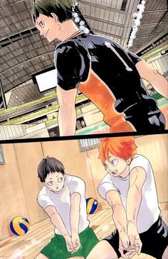 an anime scene with two people playing volleyball